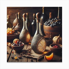 Wine Bottles On Wooden Table Canvas Print