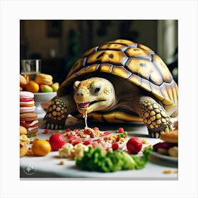 Tortoise Eating Greedily All The Delicious Food And Drinks (2) Canvas Print