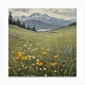 Vintage Oil Painting of Wild Flowers in a Meadow, Mountains in the Background 23 Canvas Print