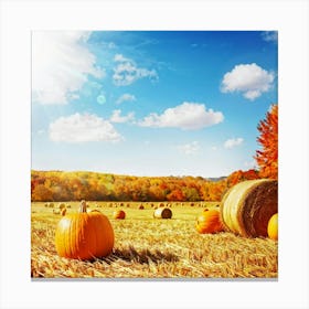 Autumn Harvest Scene Featuring Oversized Pumpkins Nestled Among Stalks Of Sunlit Corn Bales Of Hay (1) Canvas Print