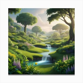 A Serene, Idyllic Landscape Of A Post Human World, Teeming With Vibrant, Emerald Green Foliage, (4) Canvas Print