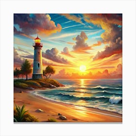 Lighthouse On A Beach At Sunset Canvas Print