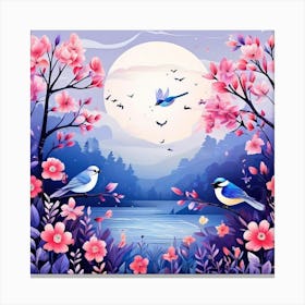 A Bright Toned Design With Flowers And Leaves Trees And Birds A Beautiful And Simple Picture Pink Flowers And Birds Canvas Print