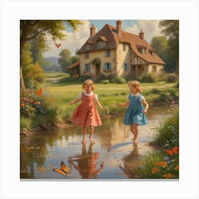 Two Girls Playing In A Stream Canvas Print