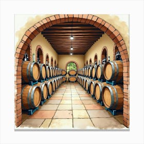 Spanish Wine Cellar With Watercolor Details Of Wooden Barrels And Bottles Canvas Print