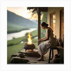 Woman Cooking On A Stove Canvas Print