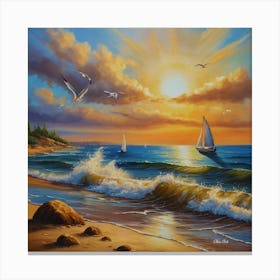 Oil painting design on canvas. Sandy beach rocks. Waves. Sailboat. Seagulls. The sun before sunset.9 Canvas Print