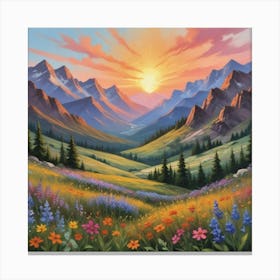 Sunset in the Mountains, Boho Landscape, Wildflowers Art Print 1 Canvas Print