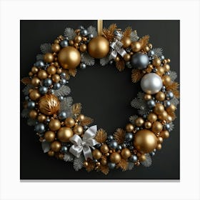 Christmas Wreath With Silver And Gold Ornaments Canvas Print