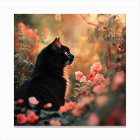 Black Cat in a Floral Sunset Garden 11 Canvas Print