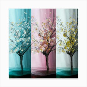 Three different palettes each containing cherries in spring, winter and fall 5 Canvas Print