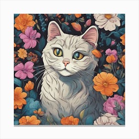 White Cat In Flowers Canvas Print