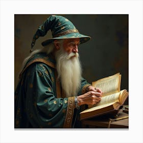 A Wise Old Wizard With A Long Beard, Studying An Ancient, Magical Tome 1 Canvas Print