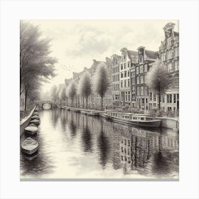 A Serene Amsterdam Canal Scene Captured In A Realistic Pen And Ink Drawing, Style Realism 2 Canvas Print