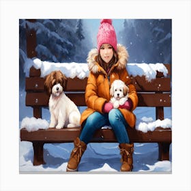 Girl With Dogs On A Bench Canvas Print