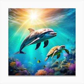 Dolphin And Turtle Canvas Print