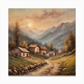 Vintage oil painting style soft colours peaceful sunrise mountain house square format Canvas Print
