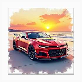 Chevrolet Camaro Zl1 With A Colorful Watercolor Beach Sunset, No Logo Or Signature 1 Canvas Print