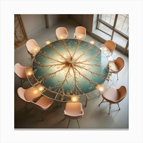 Round Dining Table With Illuminated Tree Design, Top View Canvas Print