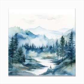 Watercolor Landscape With Trees And River Canvas Print