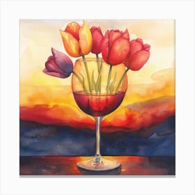 Watercolor Image Of A Wine Glass Filled With Red Tulips Canvas Print