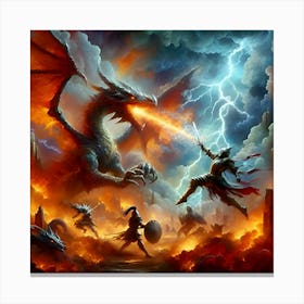 A Dramatic Battle Scene Featuring A Knight Fighting A Dragon In Fiery Ruins With Lightning Bolts Striking Dynamically Posed Combatants, Depicted In A Stylized Painterly Style 1 Canvas Print