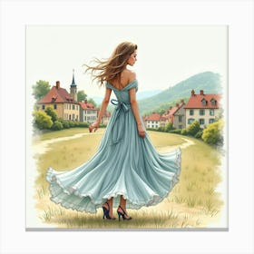 Stylish Dress In Watercolor, With A Quaint Village Backdrop 1 Canvas Print