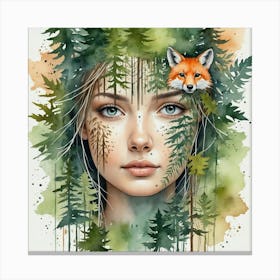 Fox And Girl In The Forest 1 Canvas Print