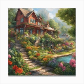 a house with flowers around it Canvas Print