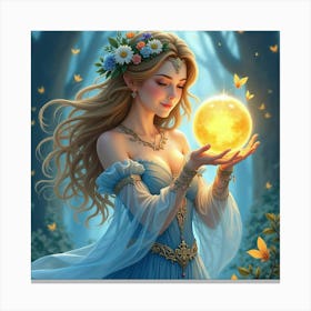 Beautiful Enchantress With A Glowing Orb, Watercolor 1 Canvas Print