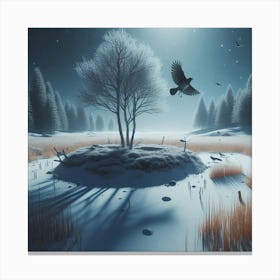 Flying Late (winter, bird, snow, tree) Canvas Print
