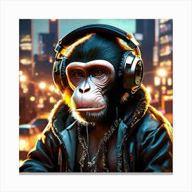 A monkey puts a headphone on his head Canvas Print