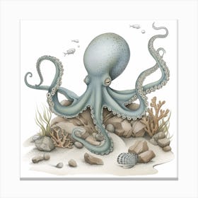 Sleepy Storybook Style Octopus On The Rocks 1 Canvas Print
