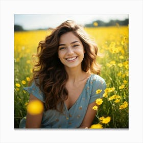 Young Woman In A Field Of Yellow Flowers Canvas Print