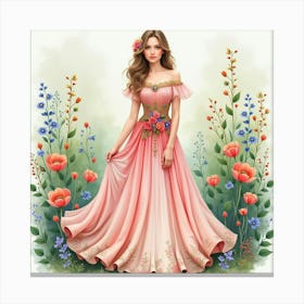 Beautiful Lady In Watercolor Dress, Enchanted Garden 1 Canvas Print