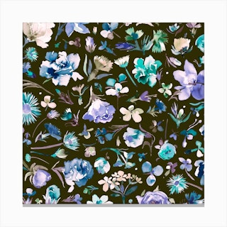 Flower Buds Blue Dark Square Canvas Print