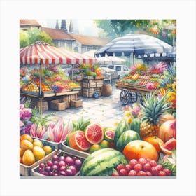 Lively and Charming - Watercolor Painting of a Flower and Fruit Market Canvas Print