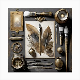 Firefly A Masculine Vintage Italian Inspired Flatlay Of A Creative Workspace For Oil Painting, Styli (1) Canvas Print