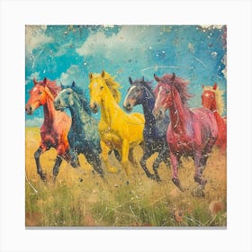 Horses Charging Through The Field Rainbow 2 Canvas Print
