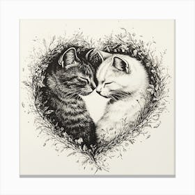 Delicate Ink Drawing of Cats Love Heart 1 Canvas Print