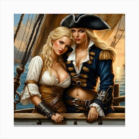 Two Beautiful Lesbians Dressed As Pirates Stand Together Canvas Print