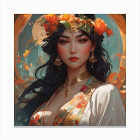 Chinese Girl Orange Flowers Canvas Print