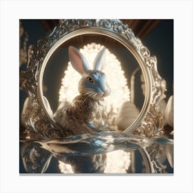 Photorealistic Cartoon White Rabbit Figurine In Mirror Frame Canvas Print