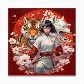 flowers Samurai Girl And Tiger wolf Canvas Print