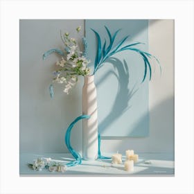 White Vase With Blue Feathers Canvas Print