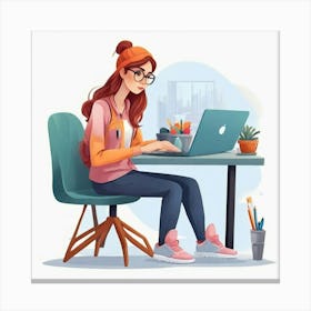 Cartoon Girl Working On Laptop Canvas Print