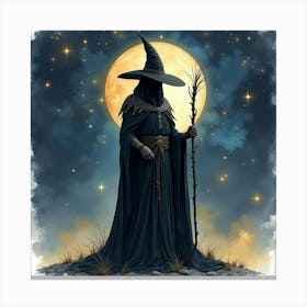 Black Magic Mage With A Watercolor Celestial Background 1 Canvas Print