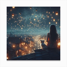 Little girl and her little dog looking at the night sky together 2 Canvas Print