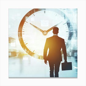 Businessman Walking In Front Of Clock Canvas Print