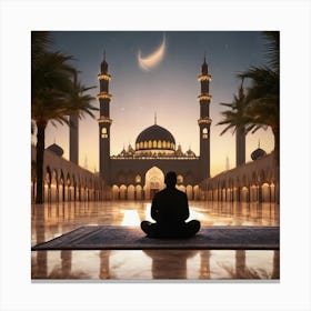 Muslim Man Praying In Front Of Mosque Canvas Print